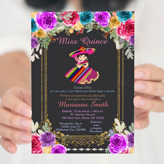 Invitation Fleurs Rouges Charro Doré Quinceañera