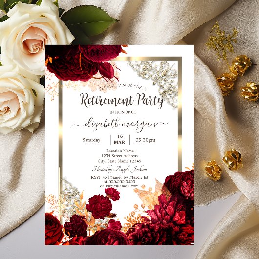 Invitation Fleurs rouges chic Cadre doré Retraite