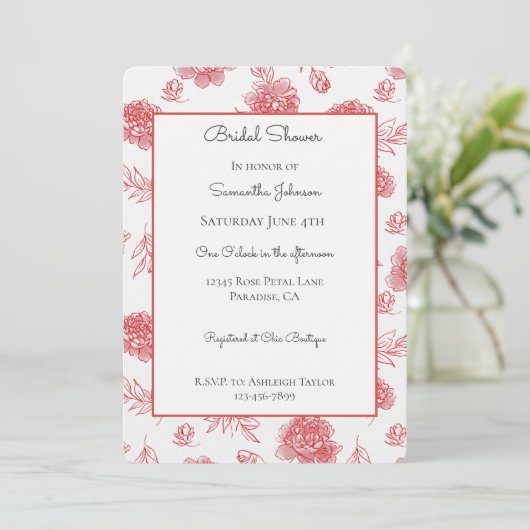 Invitation Fleurs Rouges Chic pour une Mariée (Debout devant)