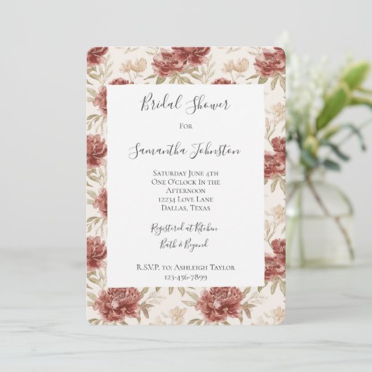 Invitation Fleurs Rouges Crème Baby Shower (Debout devant)