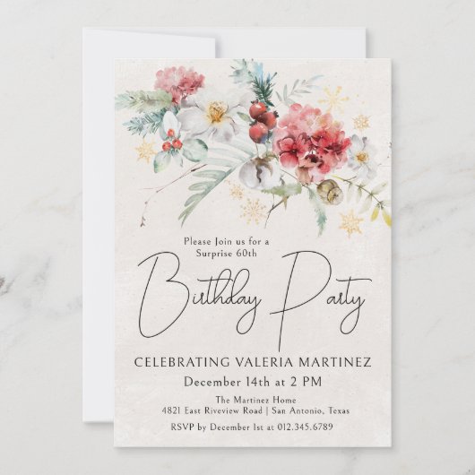 Invitation Fleurs rouges d'hiver 60e anniversaire Surprise Pa (Devant)