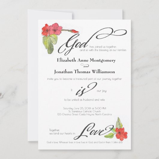 Invitation Fleurs rouges Dieu est amour Calligraphie religieu (Devant)