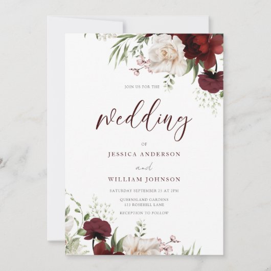 Invitation Fleurs rouges et blanches bordeaux Mariage élégant (Devant)