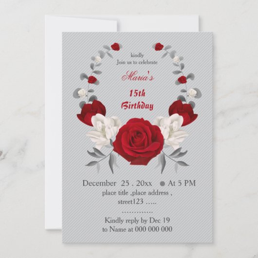 Invitation fleurs rouges et blanches couronne anniversaire (Devant)