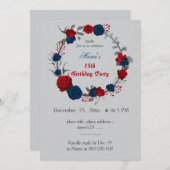 Invitation fleurs rouges et bleu marine fleur couronne annive (Devant / Derrière)