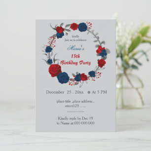 Invitation fleurs rouges et bleu marine fleur couronne annive