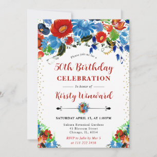 Invitation Fleurs rouges et bleues à l'aquarelle pour 50 ans