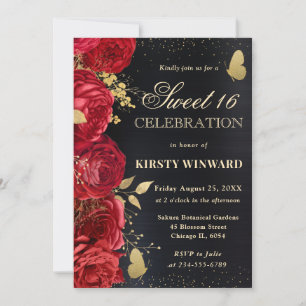 Invitation Fleurs rouges et dorées élégantes Sweet Sixteen
