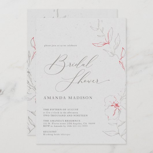 Invitation Fleurs rouges et grises élégantes et simples pour  (Devant / Derrière)