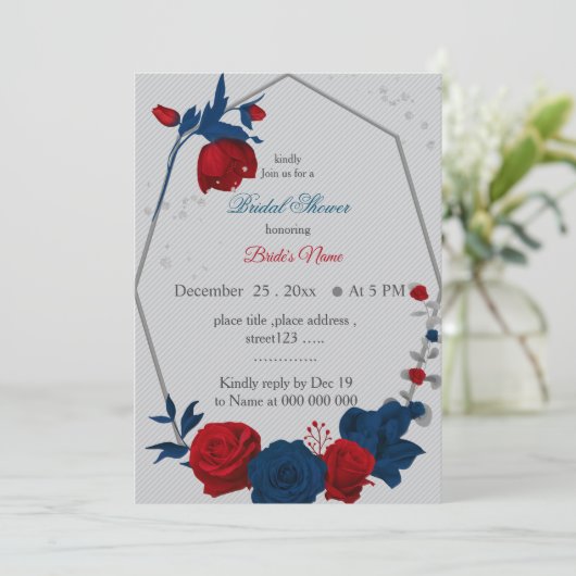 Invitation fleurs rouges et navy shower de mariage géométriqu (Debout devant)