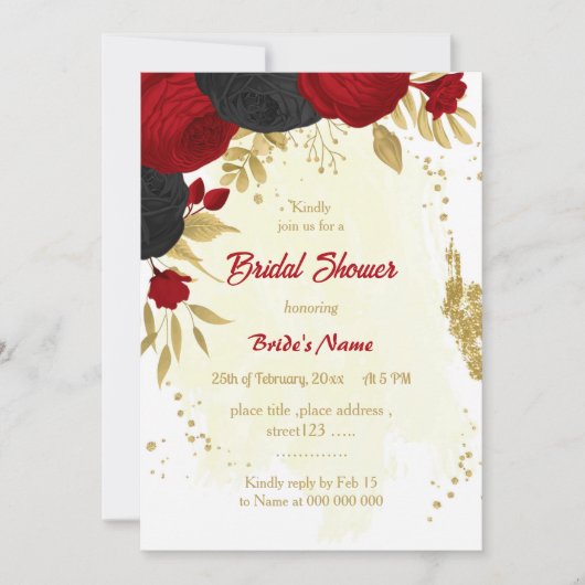 Invitation fleurs rouges et noires douche nuptiale or (Devant)