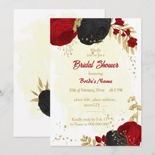 Invitation fleurs rouges et noires douche nuptiale or (Devant / Derrière)