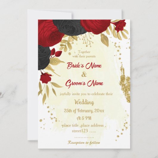 Invitation fleurs rouges et noires or mariage (Devant)