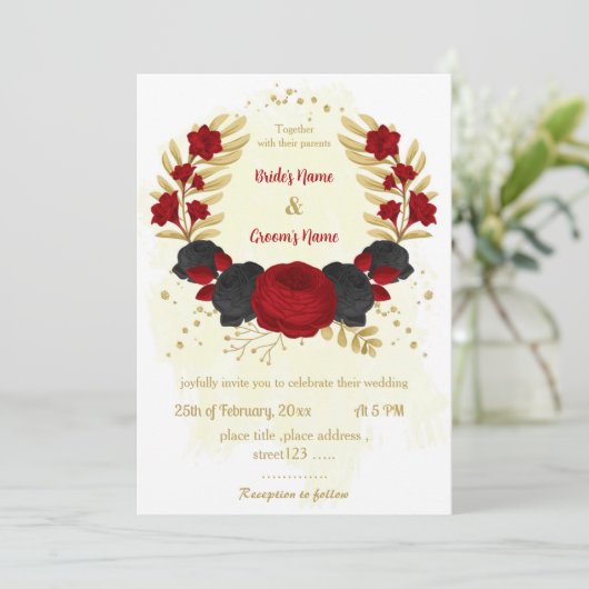 Invitation fleurs rouges et noires or mariage (Debout devant)