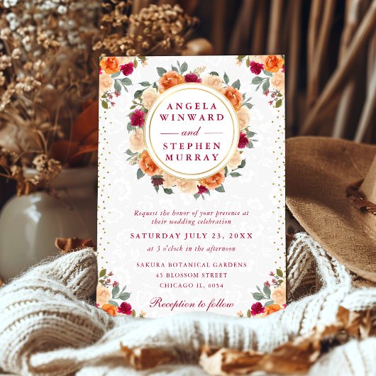 Invitation Fleurs rouges et orange Mariage de couronne