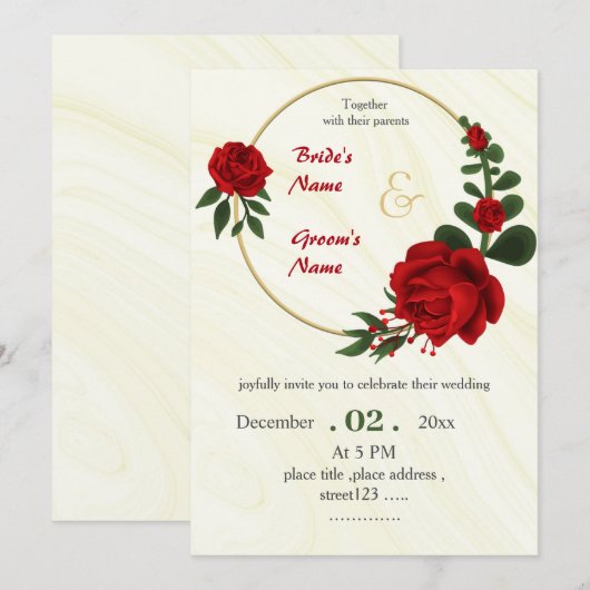 Invitation fleurs rouges feuillage or couronne (Devant / Derrière)
