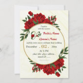 Invitation fleurs rouges feuillage or couronne mariage (Devant)