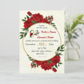 Invitation fleurs rouges feuillage or couronne mariage (Debout devant)