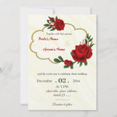 Invitation fleurs rouges feuillage or couronne mariage (Devant)