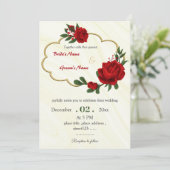 Invitation fleurs rouges feuillage or couronne mariage (Debout devant)