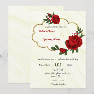 Invitation fleurs rouges feuillage or couronne mariage