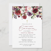 Invitation Fleurs rouges, fleurs roses, Première Communion (Devant)