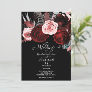Invitation Fleurs Rouges Foncées & Roses Feuillage Floral Mar