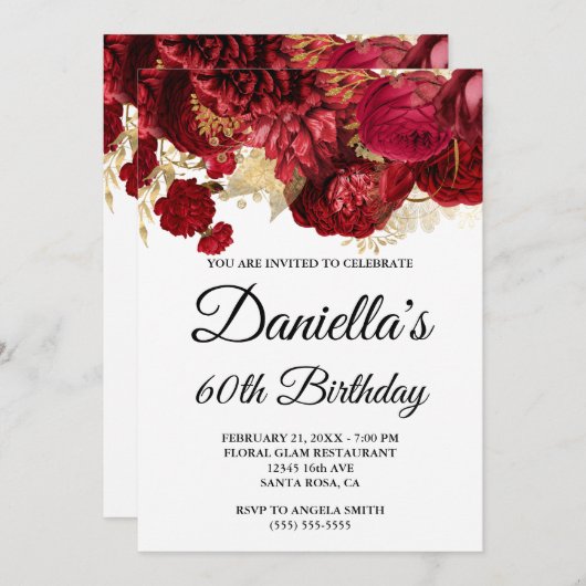 Invitation Fleurs rouges Glam à huile d'or 60e anniversaire (Devant / Derrière)