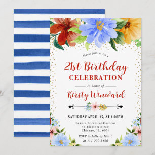 Invitation Fleurs Rouges, Jaunes et Bleues 21ème Anniversaire