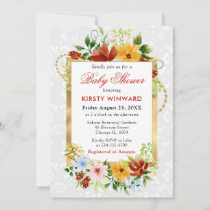 Invitation Fleurs rouges, jaunes et bleues Baby Shower Gold