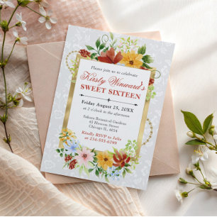Invitation Fleurs rouges, jaunes et bleues Or Sucre d'orge 16
