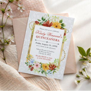 Invitation Fleurs Rouges, Jaunes et Bleues Quinceanera Dorée