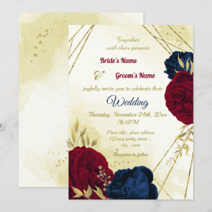 Invitation fleurs rouges marine or feuille mariage