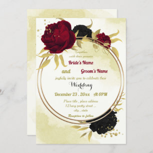 Invitation fleurs rouges noires or feuille mariage géométriqu