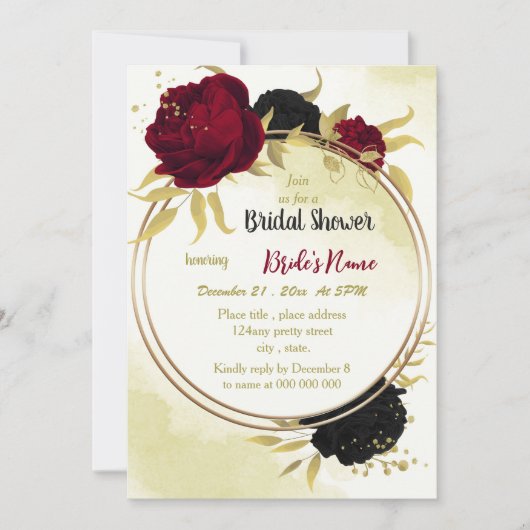 Invitation fleurs rouges noires or feuille nuptiale (Devant)