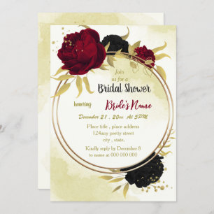 Invitation fleurs rouges noires or feuille nuptiale