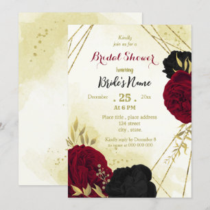 Invitation fleurs rouges noires or feuille nuptiale