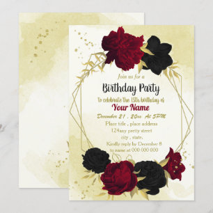 Invitation fleurs rouges noires or feuilles anniversaire