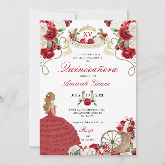 Invitation Fleurs rouges Quinceañera Occidentale (Devant)