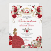 Invitation Fleurs rouges Quinceañera Occidentale (Devant / Derrière)