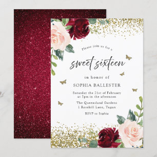 Invitation Fleurs rouges rousses et bordeaux doux 16 fêtes