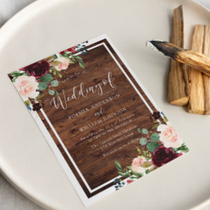 Invitation Fleurs rouges rousses et bordeaux Mariage en bois