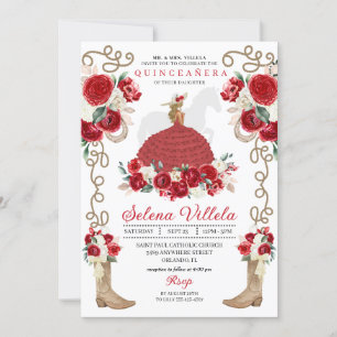 Invitation Fleurs rouges Rustic Western Charro Quinceañera