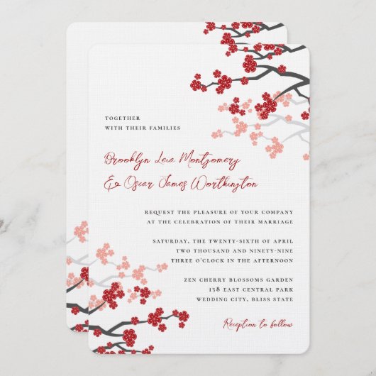 Invitation Fleurs rouges Sakura Fleurs cerises fleurs Mariage (Devant / Derrière)