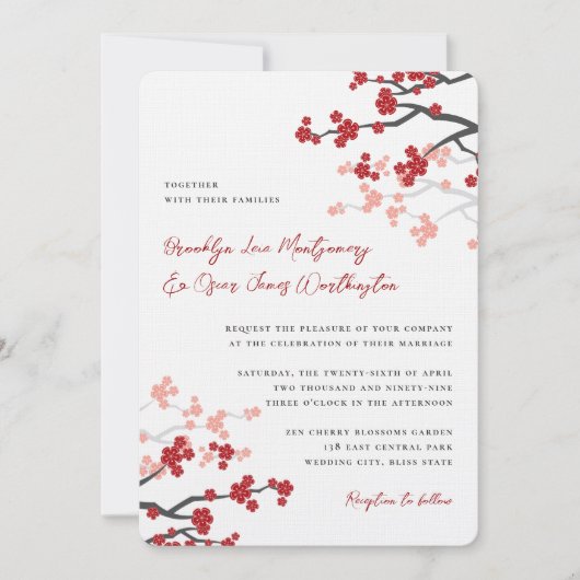 Invitation Fleurs rouges Sakura Fleurs cerises fleurs Mariage (Devant)