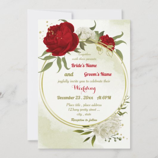 Invitation fleurs rouges vert feuille mariage (Devant)