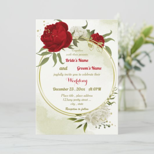 Invitation fleurs rouges vert feuille mariage (Debout devant)