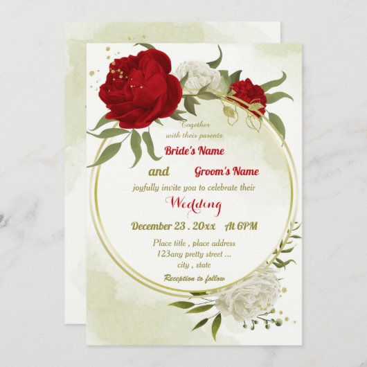 Invitation fleurs rouges vert feuille mariage (Devant / Derrière)
