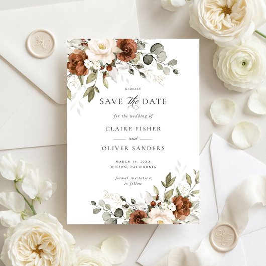 Invitation Fleurs rouille verdure mariage à retenir la date