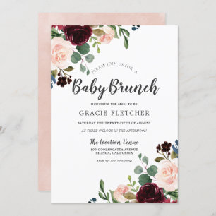 Invitation Fleurs rousses et bordeaux Baby shower Brunch